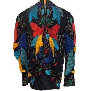 Vintage Precious Moments Silk Jacket Womens XL Multicolor Art Deco Beaded Blazer